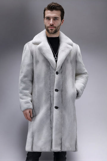 Light Grey Notched Lapel Faux Fur Long Men's Coat